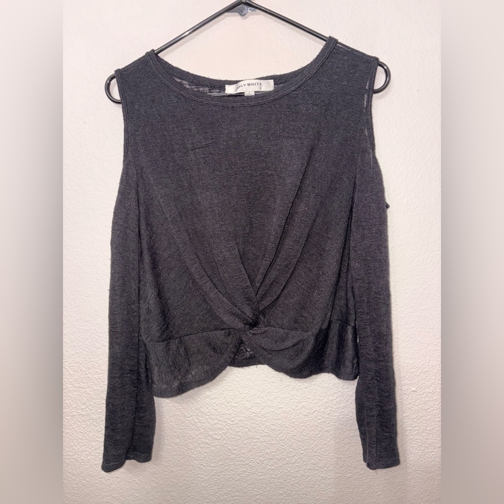 Lily White Sheer Twist Front Long Sleeve Crop Top Charcoal Gray Size L